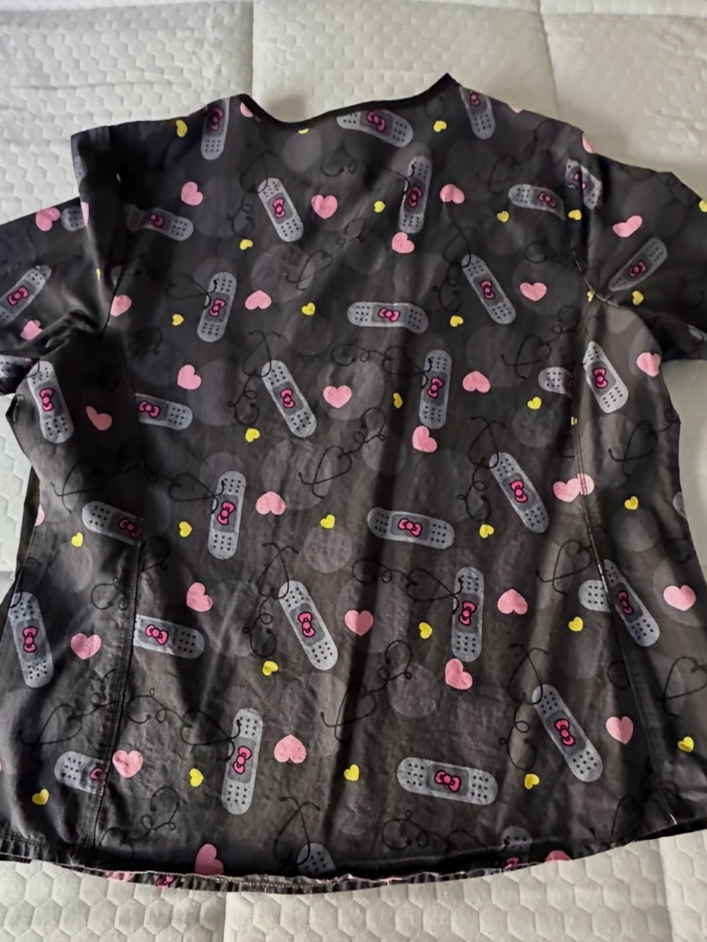 Hello Kitty Black V-Neck Printed Medical Scrub Top with Pink & Teal Accents - Picture 3 of 7